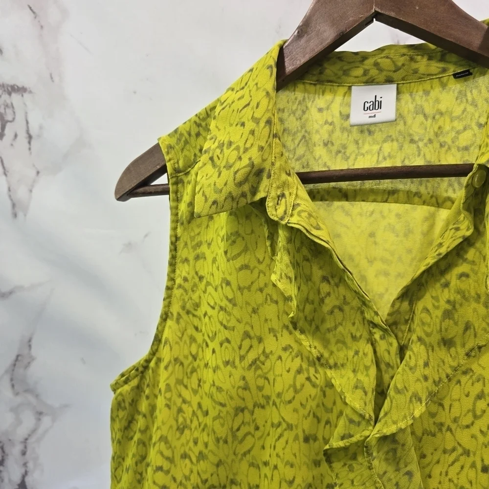 CAbi Shirt Womens Large Chartreuse Yellow Neon Tank Blouse Reign Ruffle 3071
